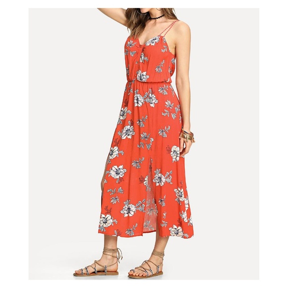 Red Floral Sleeveless M Slit Maxi Dress - Picture 3 of 4